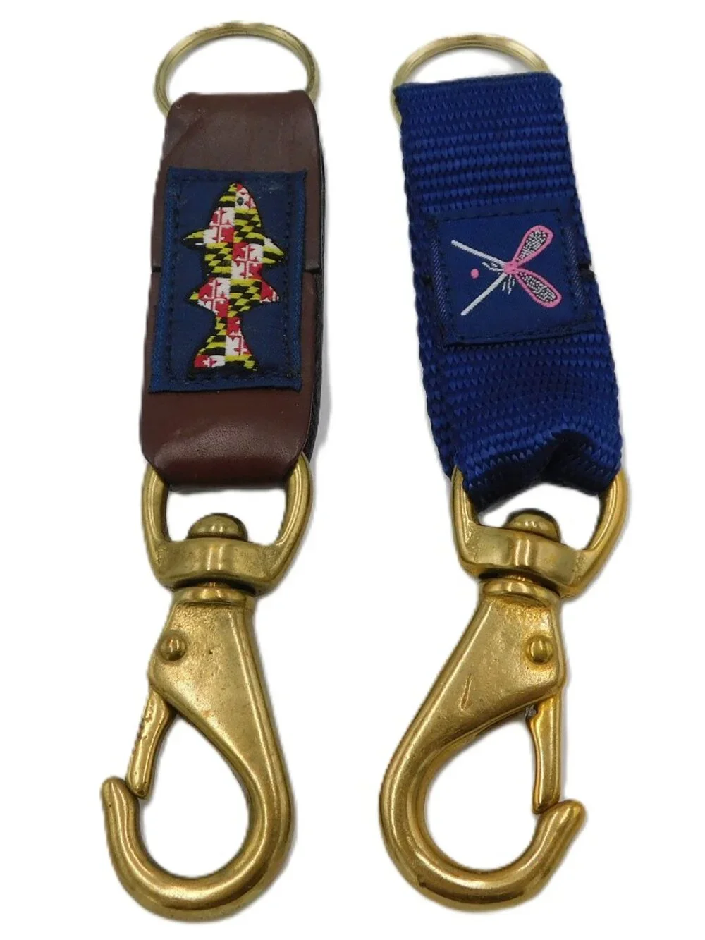 Key Fobs (2) | 1 Leather 1 Ribbon | Maryland Rockfish | Lacrosse | Brass